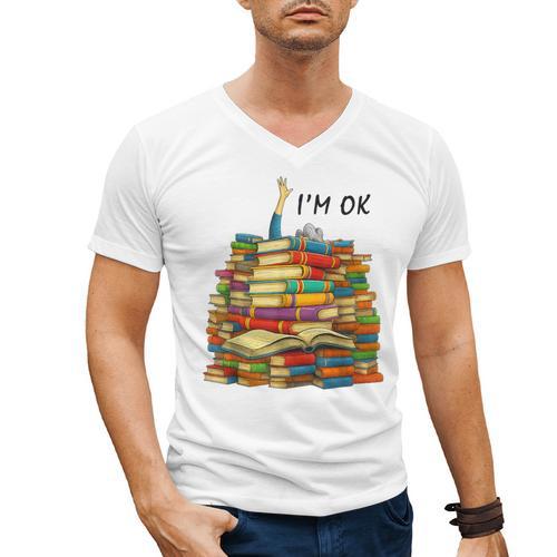 Reading Books Librarian Reader Nerd I'm Ok Teacher School Men's V-Neck T-Shirt - Bookorys