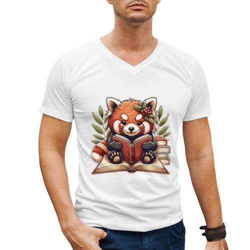 Red Panda Reading Books Pandas Cottagecore Aesthetic Kids Men's V-Neck T-Shirt - Bookorys DE