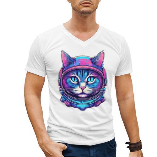 Retro 80s Cat In Space Suit Nostalgia Cat Vintage Astronaut Men's V-Neck T-Shirt - Figerry