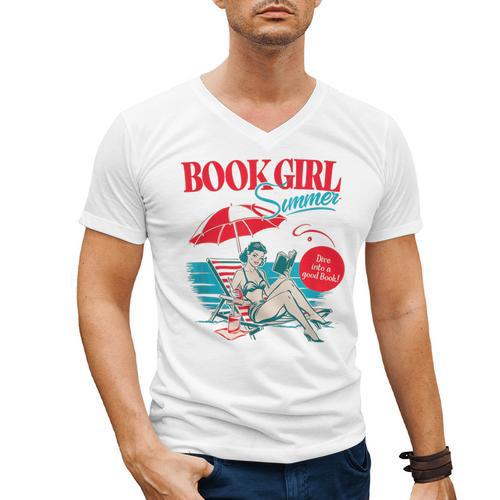 Retro Book Girl Summer For Women Beach Reading Men's V-Neck T-Shirt - Bookorys