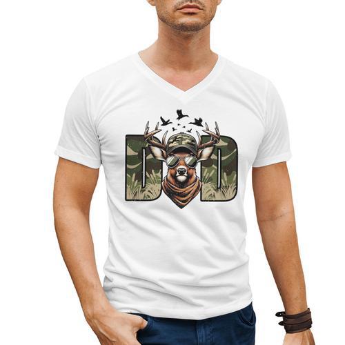 Retro Camo Dad Hunting Camouflage Deer Matching Men's V-Neck T-Shirt - Father's Day Fun