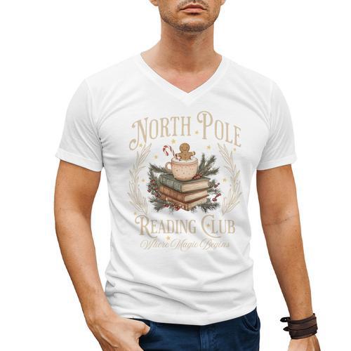 Retro North Pole Reading Club Hot Cocoa Book Lovers Xmas Men's V-Neck T-Shirt - Bookorys