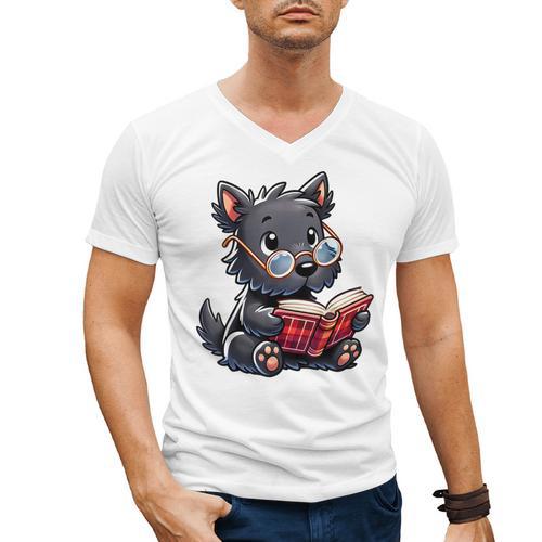 Scottish Terrier Reading a Book Dog Men's V-Neck T-Shirt - Bookorys DE