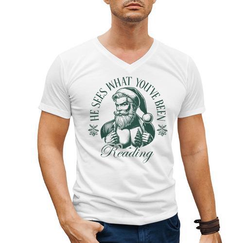 He Sees What You'Ve Been Reading Bookish Christmas Men's V-Neck T-Shirt - Bookorys