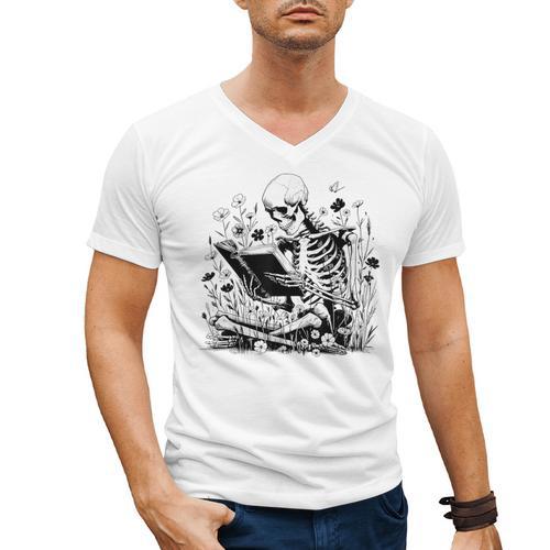Skeleton Skull Halloween Book Reading Books Lover Teacher Men's V-Neck T-Shirt - Bookorys