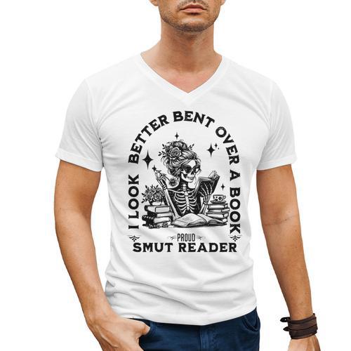 Smut Reader Skeleton Book Lover Dark Humor Art Premium Tri-Blend Men's V-Neck T-Shirt - Bookorys