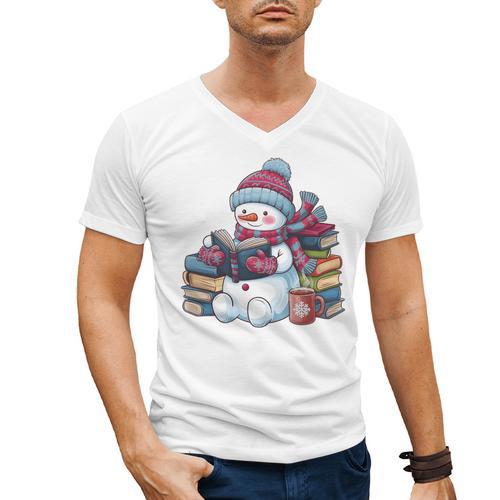 Snowman Reading Book Lovers Christmas Bookworm Librarian Men's V-Neck T-Shirt - Bookorys