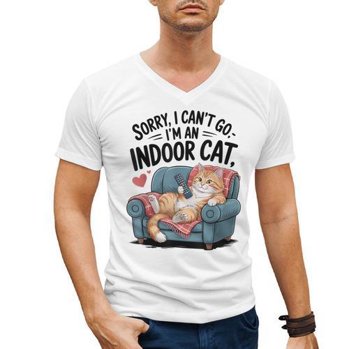 Sorry I Can’t Go I’m An Indoor Cat Couch Introvert Cat Men's V-Neck T-Shirt - Raresse