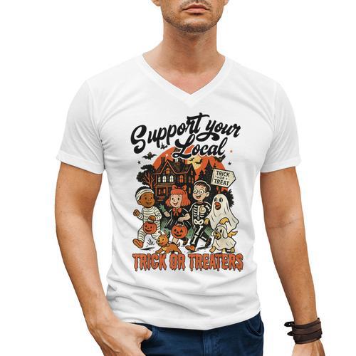Support Your Local Trick Or Treaters Retro Spooky Nostalgia Men's V-Neck T-Shirt - Figerry