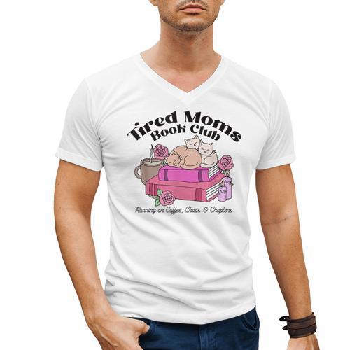 Tired Moms Book Club Running On Coffee Chaos And Chapter Cat Men's V-Neck T-Shirt - Bookorys CA