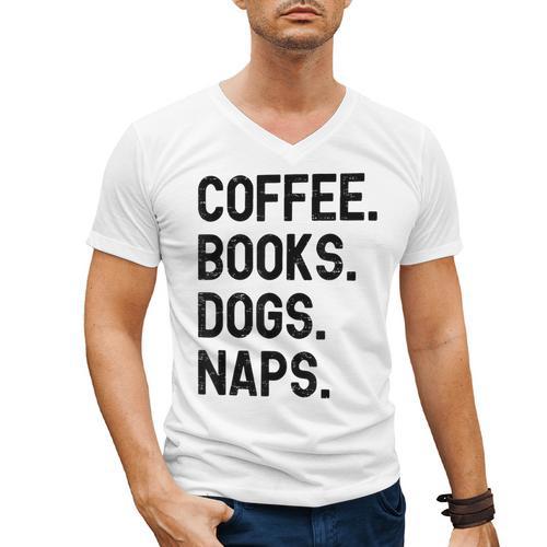Vintage Coffee Books Dogs Naps Retro Men's V-Neck T-Shirt - Bookorys CA