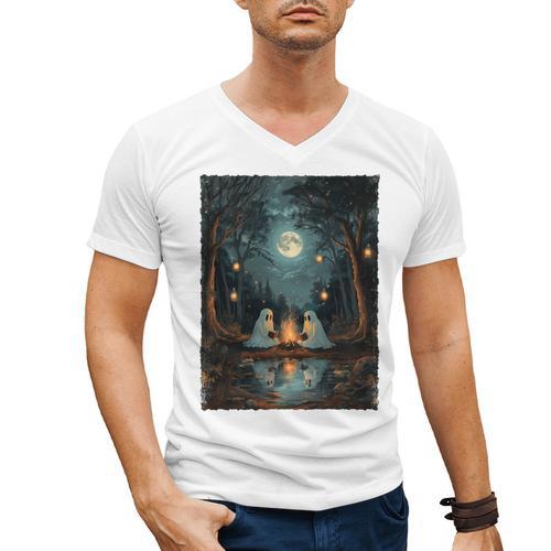 Vintage Ghost Book Reading Camping Gothic Halloween Teachers Men's V-Neck T-Shirt - Bookorys