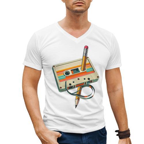 Vintage Pencil Rewind Cassette Tape Nostalgia Party 80s 90s Premium Men's V-Neck T-Shirt - Figerry