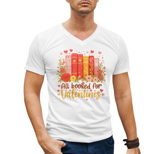 Women's All Booked For Valentine Teacher Valentines Reading Book Men's V-Neck T-Shirt - Bookorys DE