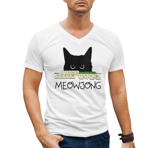 Women's Meowjong Cat Mahjong Chinese Game Cat Mom Dad Men's V-Neck T-Shirt - Father's Day Fun