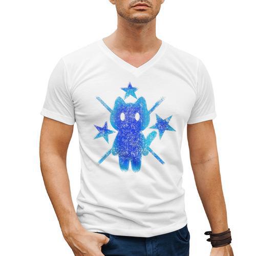 Yk2 Grunge Earthy Blue Cat With Stars Tomboy 90s Nostalgia Premium Tri-Blend Men's V-Neck T-Shirt - Figerry