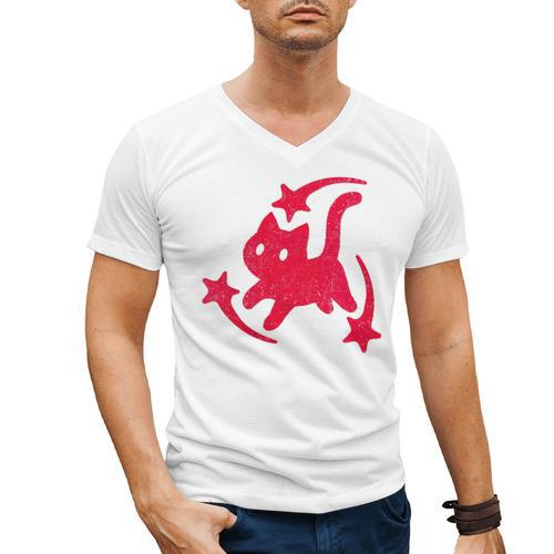 Yk2 Grunge Scary Cat With Shooting Stars 90s Nostalgia Men's V-Neck T-Shirt - Figerry