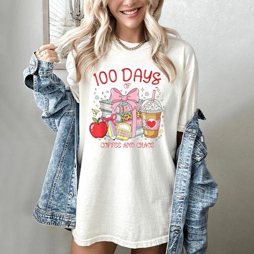 100th Day Of School Teachers 100 Days Of Coffee Chaos Books Women's Comfort Colors T-Shirt - Bookorys AU