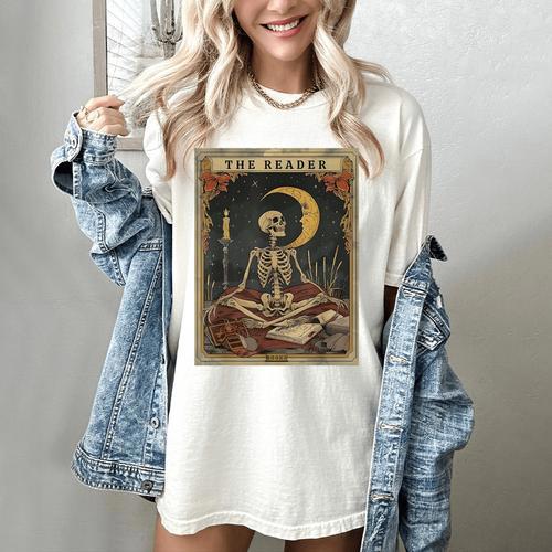 Books Lover Book Novels Reading Halloween Costumes Cottagecore Skeleton Aesthetic Tarot Card The Reader Graphic Women's Comfort Colors T-Shirt - Bookorys