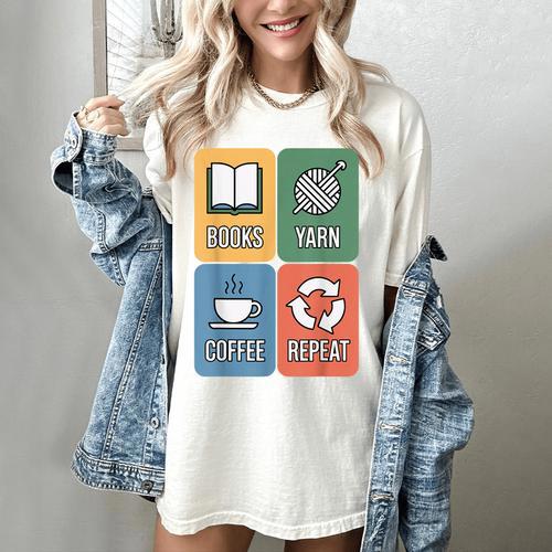 Books Yarn Coffee Repeat Crocheting Women's Comfort Colors T-Shirt - Bookorys