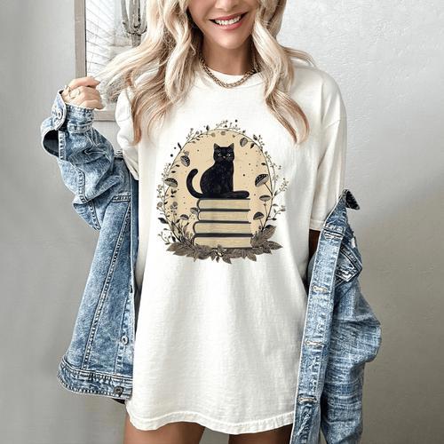Cute Cat Sitting On Books With Mushrooms Cottage Core Women's Comfort Colors T-Shirt - Bookorys CA