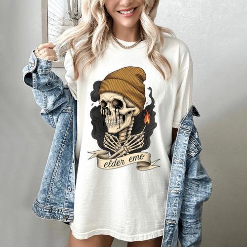 Elder Emo Skeleton Beanie Nostalgia Scene Aesthetic Women's Comfort Colors T-Shirt - Figerry