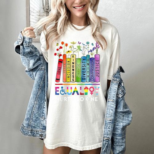 Equality Hurts No One Book Flower Rainbow Pride Month LGBTQ Women's Comfort Colors T-Shirt - Bookorys