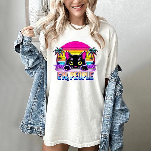 Ew Cat Misanthrope Introvert Synthwave 80s Women's Comfort Colors T-Shirt - Raresse