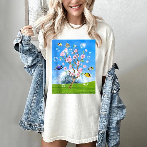 Frutiger Aero Aesthetic Tech Cherry Blossom Fishes Bubbles Women's Comfort Colors T-Shirt - Figerry