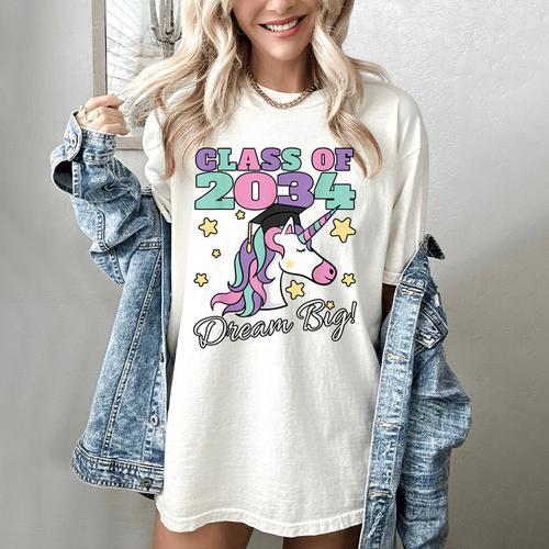 Girls Class Of 2034 Magical Unicorn Graduation Cap Women's Comfort Colors T-Shirt - Best Gift Smart