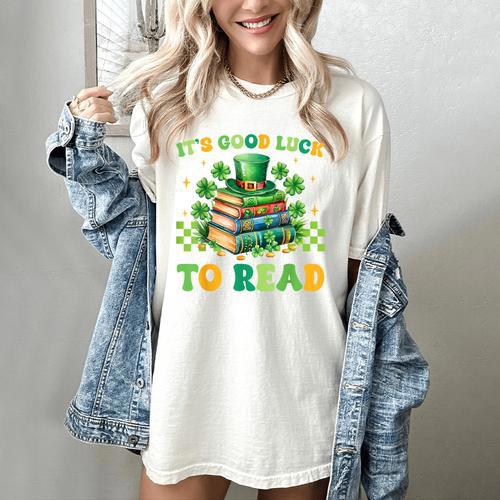 Goods Luck Read Librarian Book Patrick Days Shamrock Clover Women's Comfort Colors T-Shirt - Bookorys