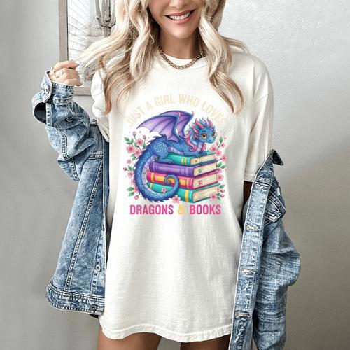 Just a Girl Who Loves Dragons And Books Dragon Reading Women's Comfort Colors T-Shirt - Bookorys AU