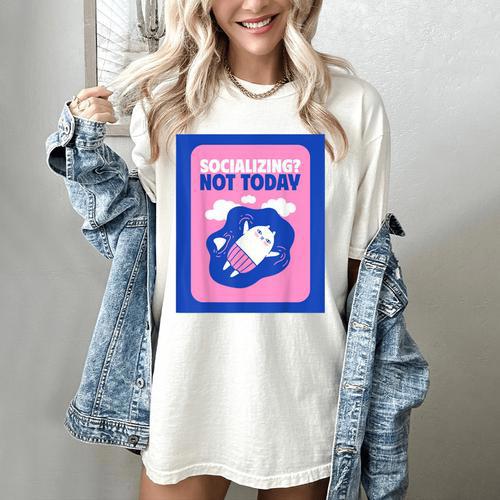 Not Today Cool Fun Cute Introvert Cat Character Women's Comfort Colors T-Shirt - Raresse