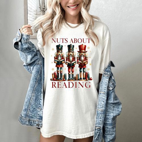 Nuts About Reading Nutcracker Reading Book Lover Christmas Women's Comfort Colors T-Shirt - Bookorys CA