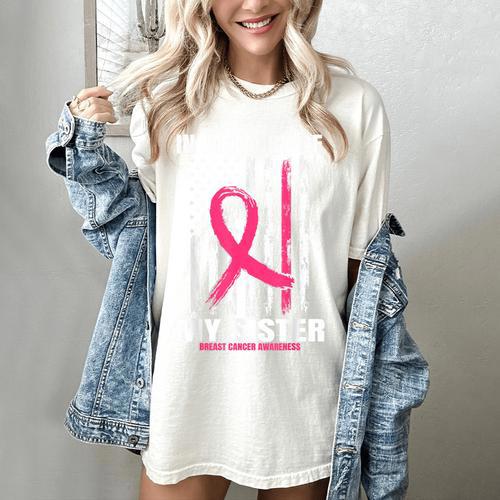 Pink In Memory Of Sister Breast Cancer Awareness Flag Shirts Women's Comfort Colors T-Shirt - Easessy