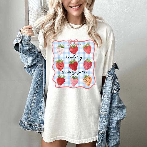 Reading Is My Jam Preppy Stawberry Bookworm Book Lover Nerd Women's Comfort Colors T-Shirt - Bookorys
