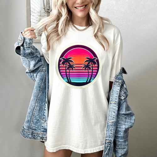Retro 80s Synthwave Sunset & Palm Trees Retro Nostalgia 80s Women's Comfort Colors T-Shirt - Figerry