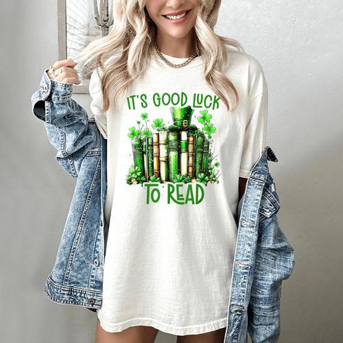 Retro Book Lucky Reading Teacher St Patrick's Day -Adults Small Cotton Blend Polyester Blend Short Sleeve Women's Comfort Colors T-Shirt - Bookorys
