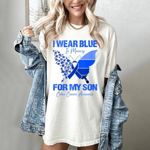 I Wear Blue In Memory For My Son Colon Cancer Awareness Women's Comfort Colors T-Shirt - Easessy