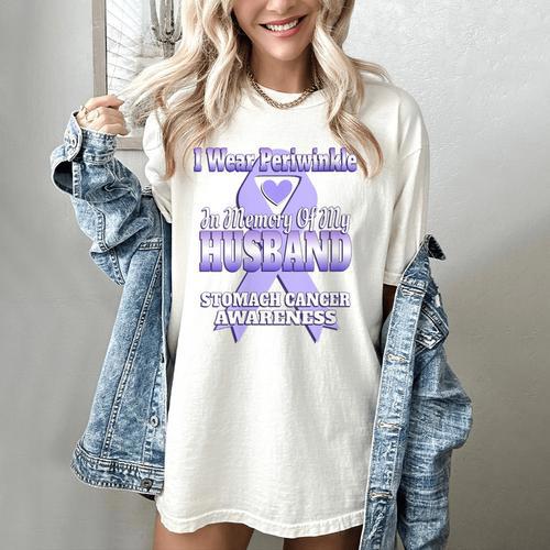 I Wear Periwinkle In Memory Of My Husband Stomach Cancer Women's Comfort Colors T-Shirt - Easessy