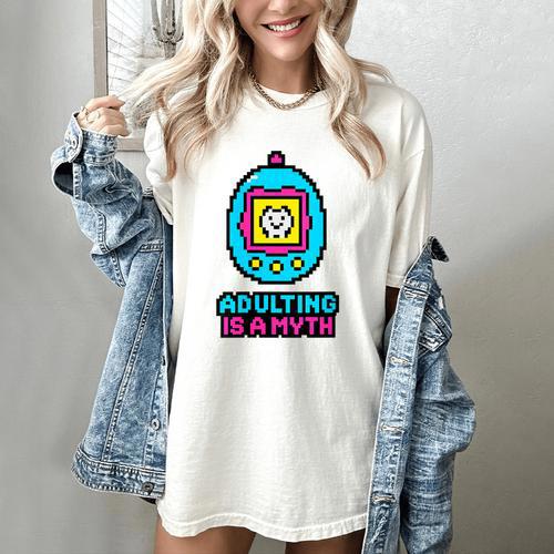 Women's Adulting Is A Myth Retro Pixel Pet Nostalgia Millennials Women's Comfort Colors T-Shirt - Figerry