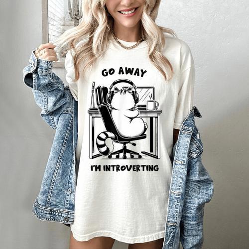 Cat With Coffee On Computer Go Away I'm Introverting Women's Comfort Colors T-Shirt - Raresse
