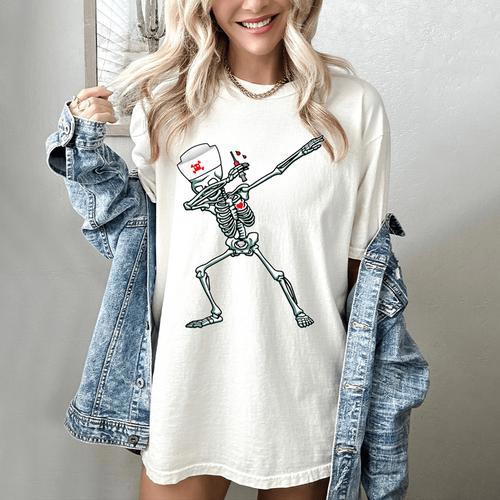 Dabbing Skeleton Nurse Halloween Graduation Women's Comfort Colors T-Shirt - Best Gift Smart