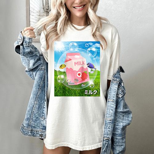 Frutiger Aero Aesthetic Tech Kawaii Strawberry Milk Fishes Raglan Baseball Tee Women's Comfort Colors T-Shirt - Figerry