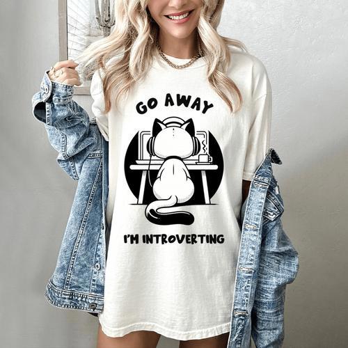 Go Away I'm Introverting Cat With Coffee Women's Comfort Colors T-Shirt - Raresse