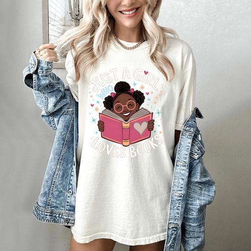 Just A Girl Who Loves Books Cute African American Afro Women's Comfort Colors T-Shirt - Bookorys CA