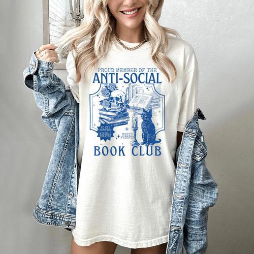 Sarcastic Anti Social Book Club Cat Skull Book Lover Women's Comfort Colors T-Shirt - Bookorys