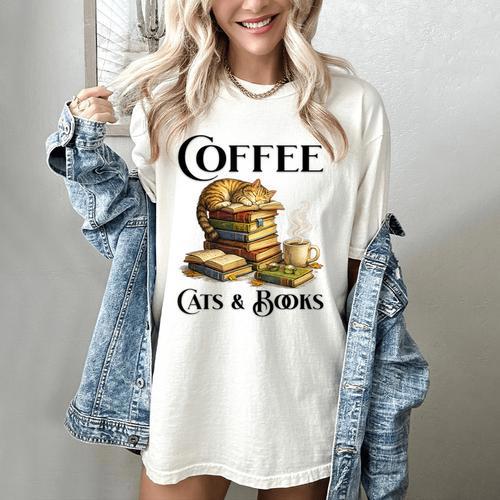 Sleeping Cat And Books With Coffee Lover Women's Comfort Colors T-Shirt - Bookorys AU