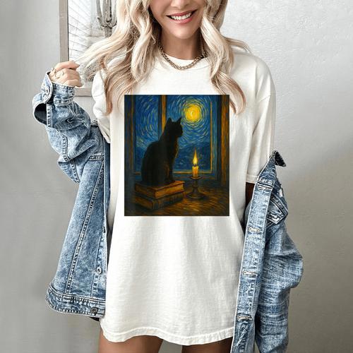 Van Gogh Starry Night Art Cat And Book Lovers Women's Comfort Colors T-Shirt - Bookorys DE