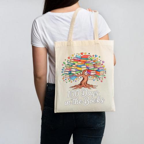100th Day Of School Books Tree Reading Canvas Tote Bag - Bookorys